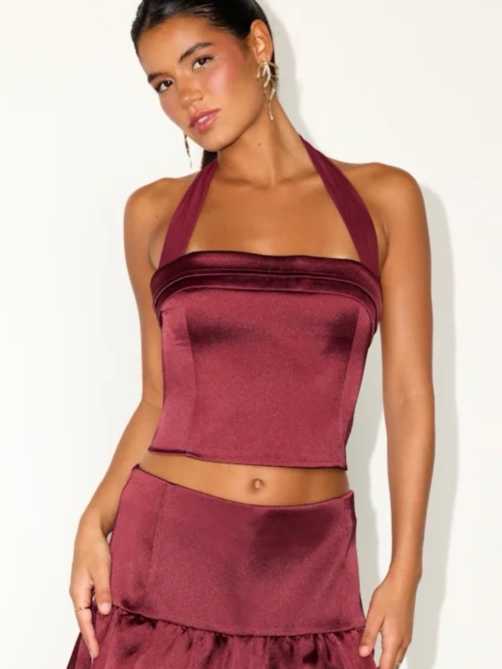 Lulu's Burgundy Satin Halter Crop Top